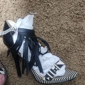 Athena Black and White Striped Fringe Heels